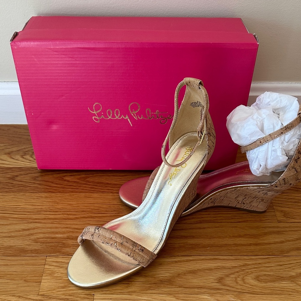 Lilly Pulitzer Gold Cork Wedge Sandals